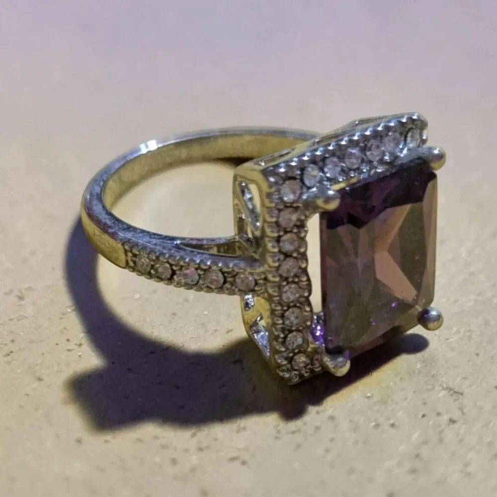 Purple Princess Cut Cubic Zirconia Halo Ring Silver Tone Statement Cocktail Ring